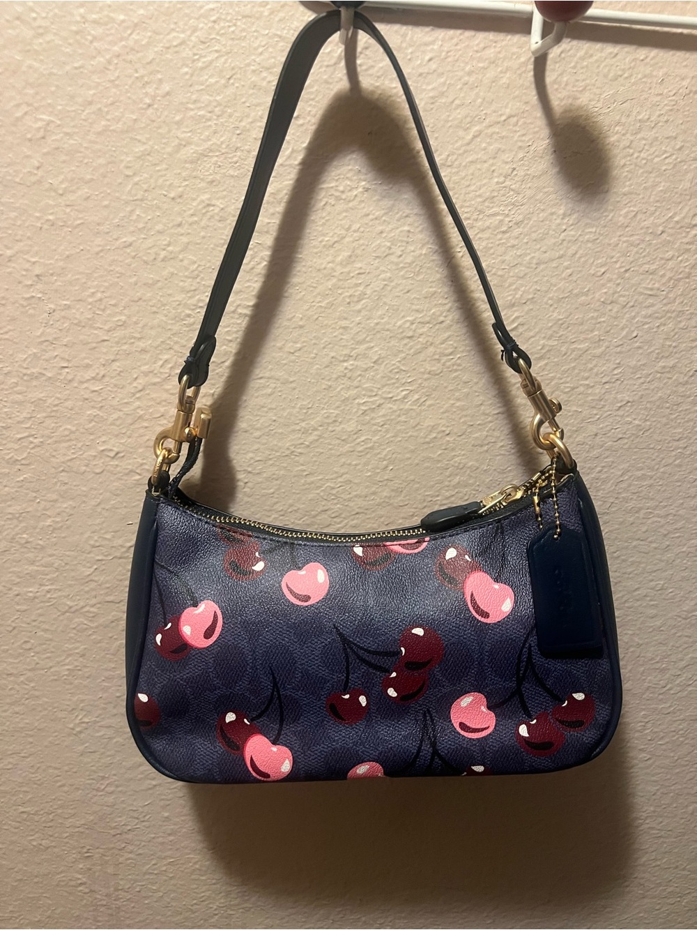 Coach Navy Cherry Shoulder Bag with Pink & Red Print - Picture 2 of 3